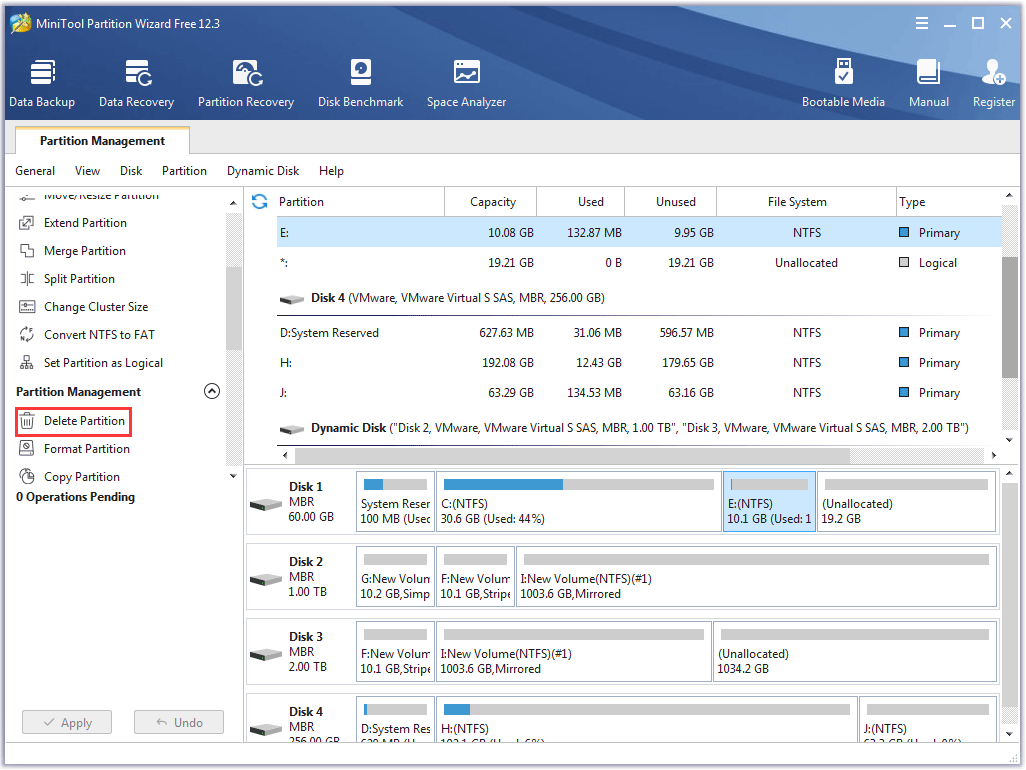 duas formas de eliminar uma partição com o MiniTool Partition Wizard