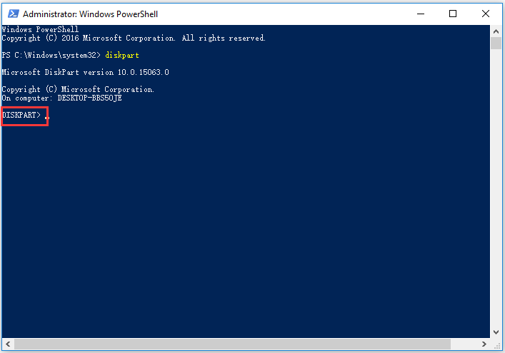 aceder ao Diskpart através do Windows PowerShell