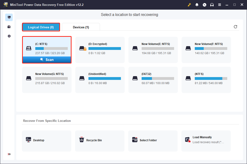 select the target partition and click Scan on the main interface of MiniTool Power Data Recovery