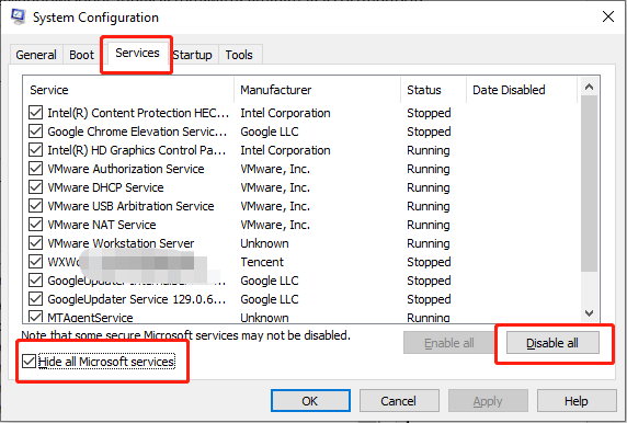 check Hide all Microsoft services and click Disable all under the Services section