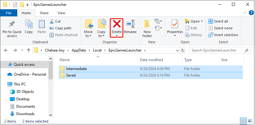 delete Epic Games’ folders in File Explorer