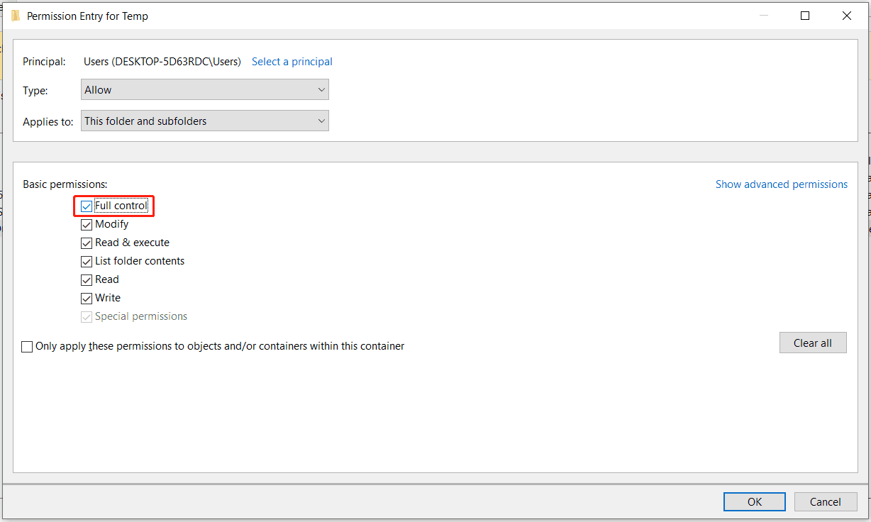 grant permission for Temp in Windows