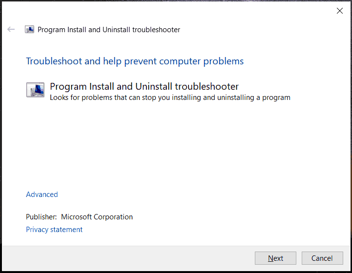 Program Install and Uninstall troubleshooter