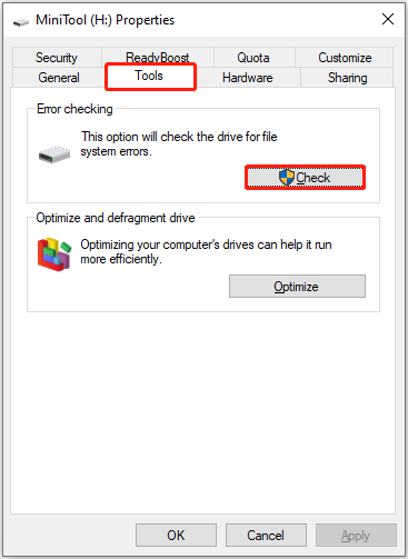 check the disk for file system errors in disk properties