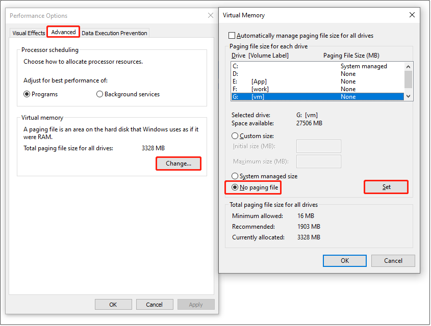 change the page file size for a disk