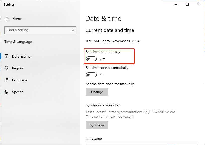 turn off the Set time automatically option