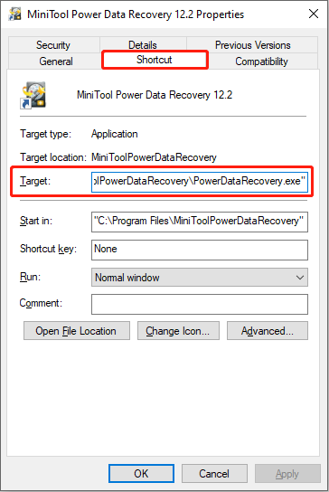 find the exe file path via the Properties window