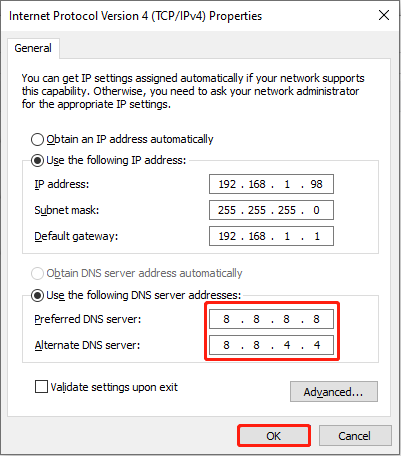 change the DNS server in the Internet Protocol Version 4 item