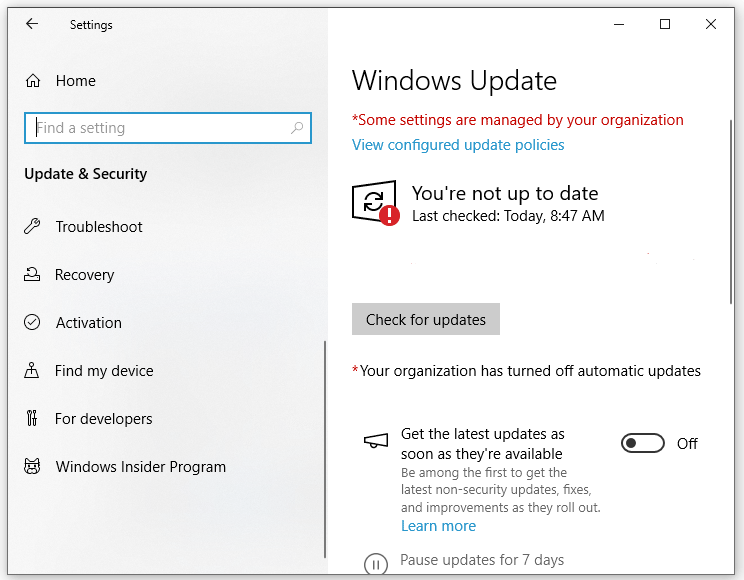 hit Check for updates to look for available Windows update