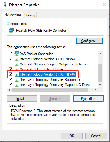 check Internet Protocol Version 6 (TCP/IPv6) and click Properties