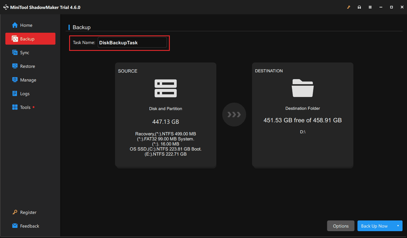 MiniTool ShadowMaker disk backup under Backup