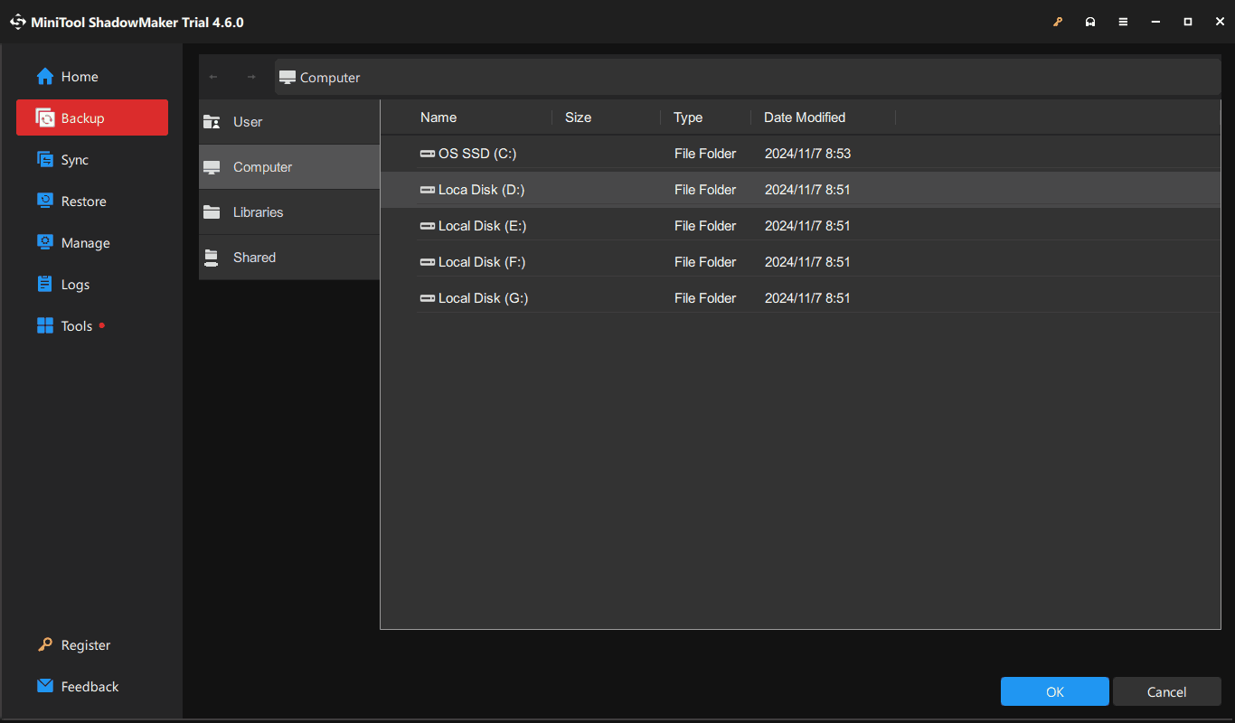 choose a drive to save disk image in MiniTool ShadowMaker