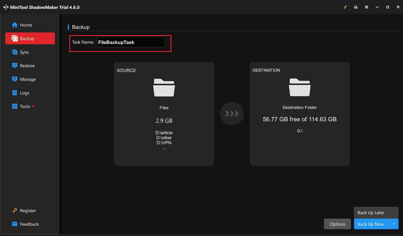 choose files to backup up with MiniTool ShadowMaker