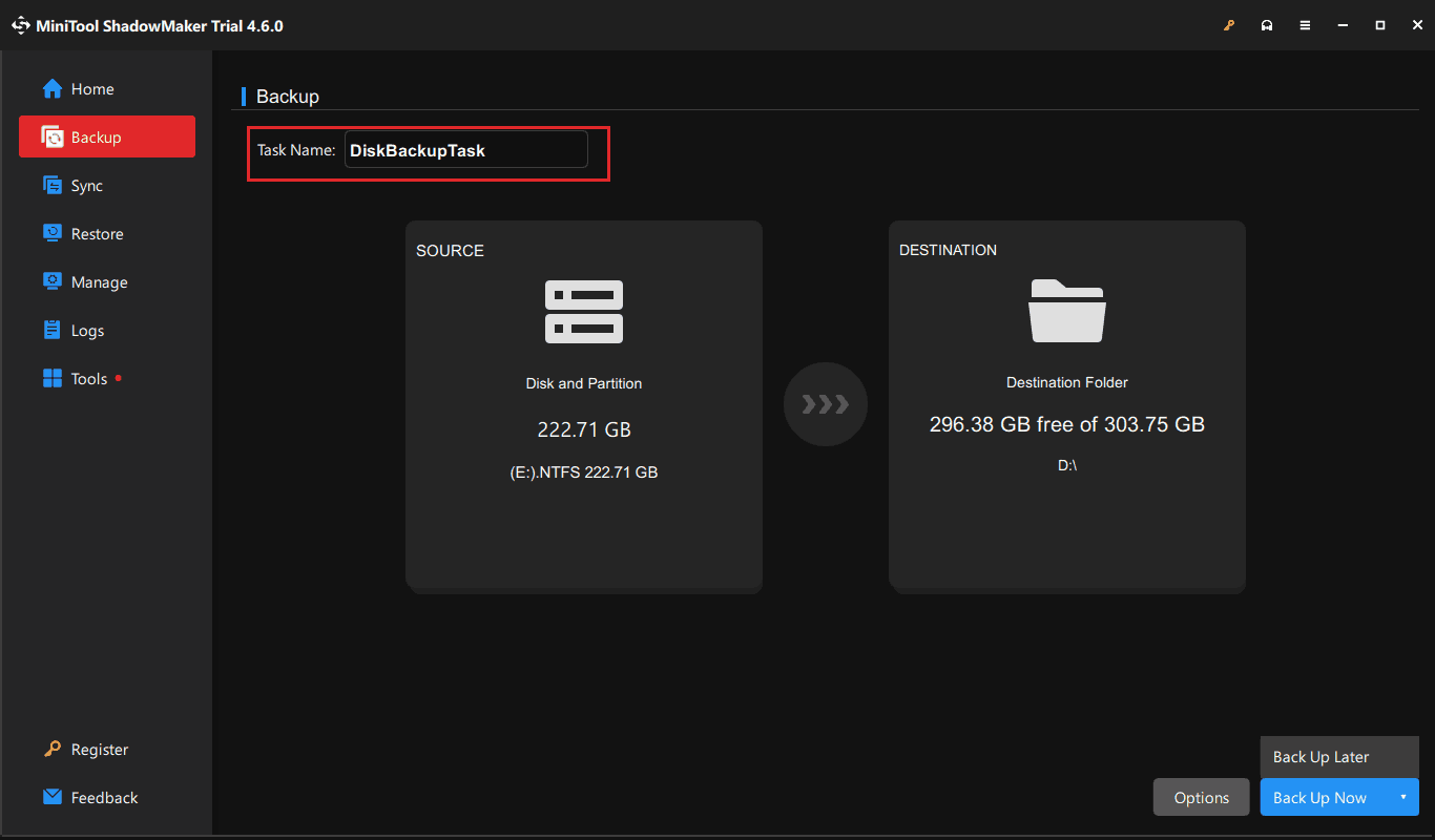 MiniTool ShadowMaker backs up a partition