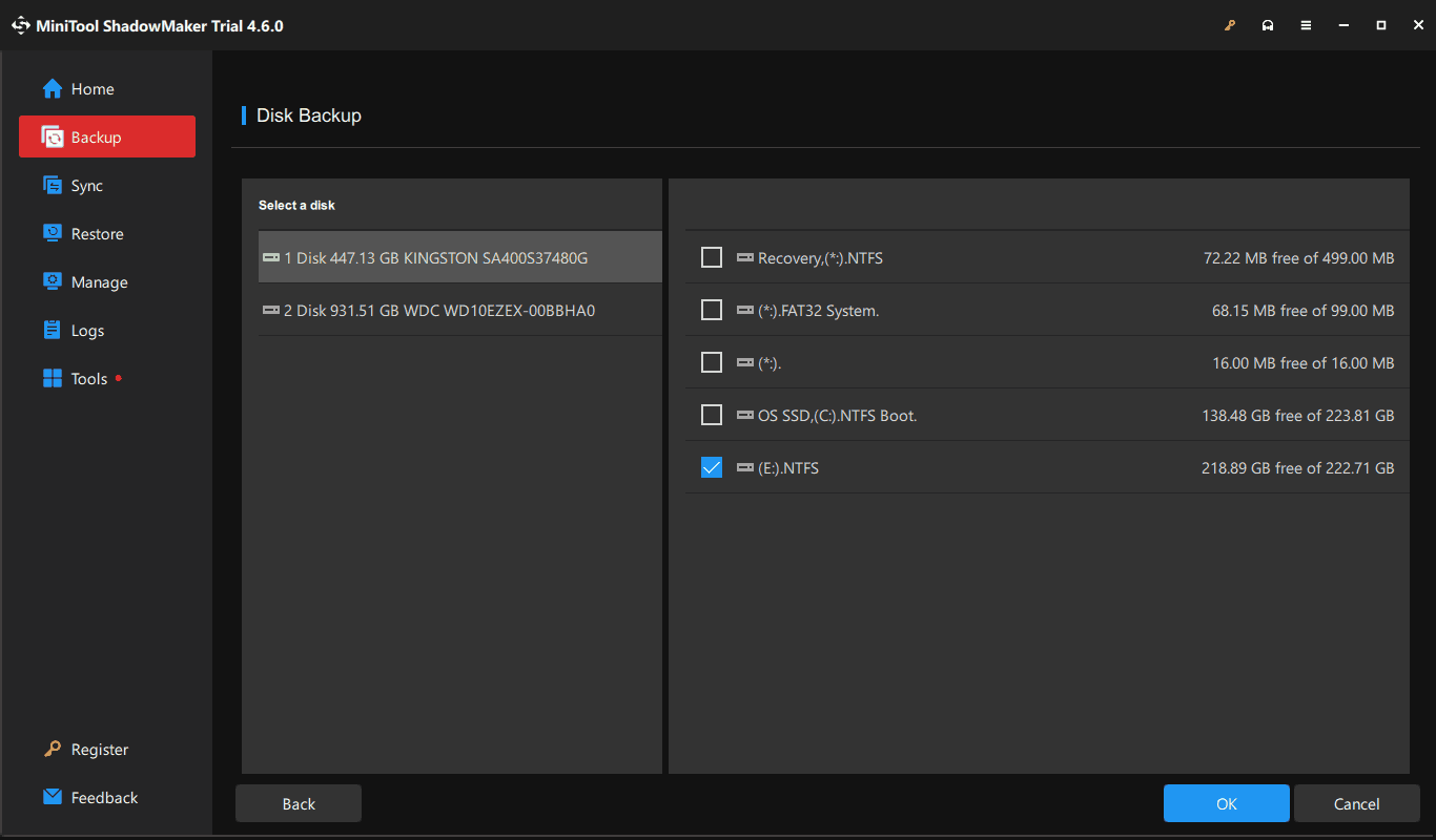 choose a partition to back up in MiniTool ShadowMaker