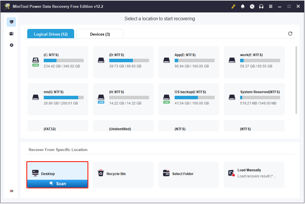 select the Desktop to scan for deleted files in MiniTool Power Data Recovery