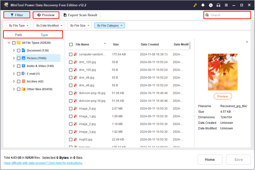 Path, Type, Filter, Search, and Preview features in MiniTool Power Data Recovery
