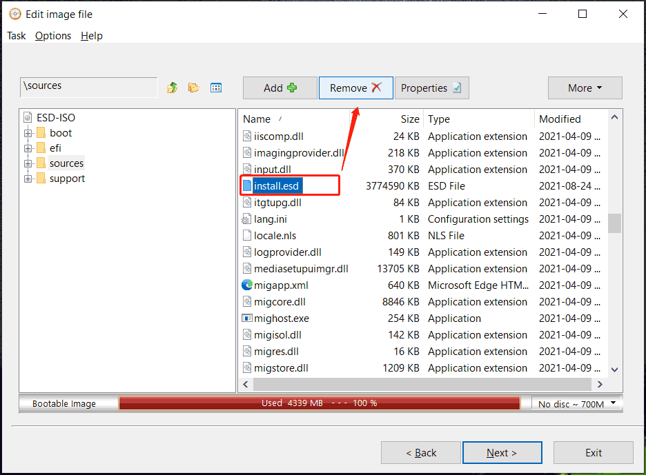 use AnyBurn to delete install.esd from Windows 10 ISO