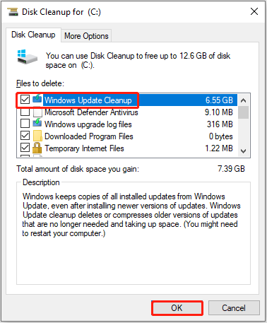 clean up the Windows update files in Disk Cleanup