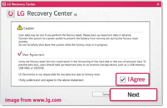 tick I agree to accept User Agreement in LG Recovery Center