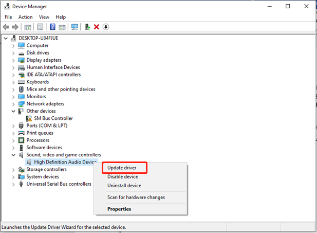choose Update driver to update your sound card driver