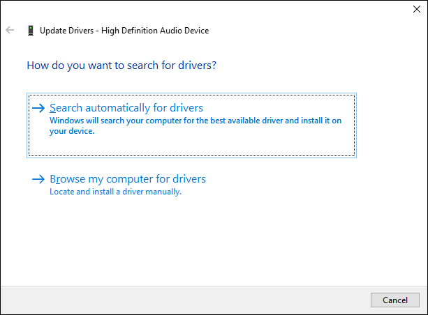 choose Search automatically for drivers to update your audio driver