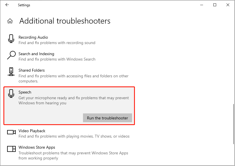 choose Run the troubleshooter under the Speech section