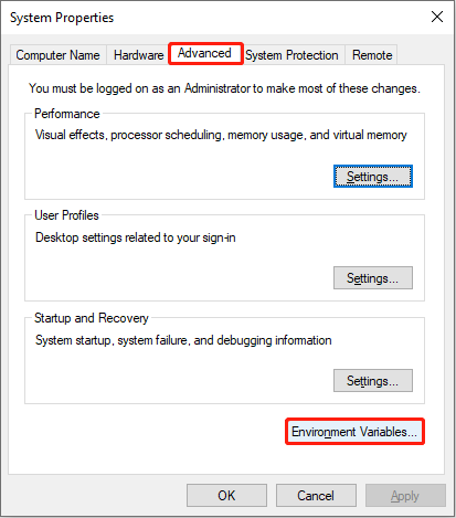 open the environment variables in system properties