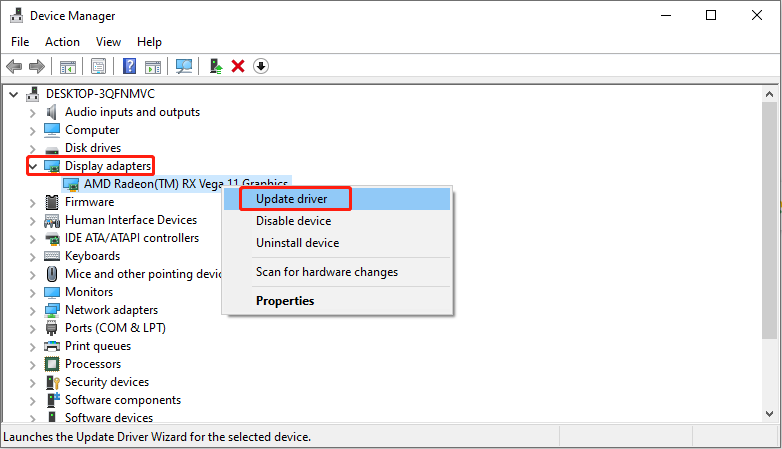 update the graphics card driver in Device Manager