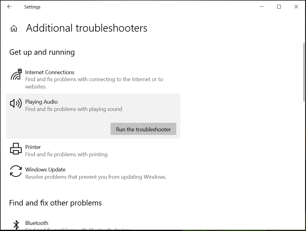 run Playing Audio troubleshooter Windows 10