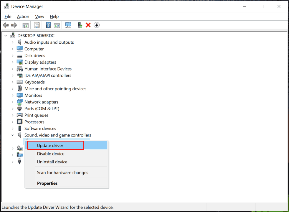 update sound driver in Device Manager