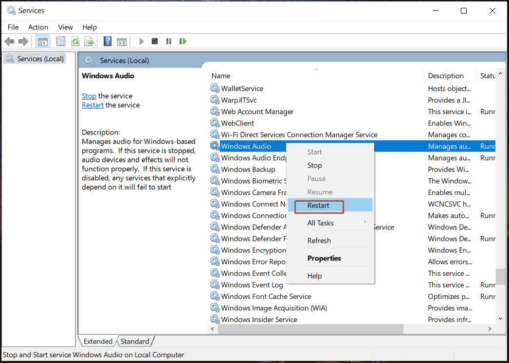 restart Windows Audio service Windows 10