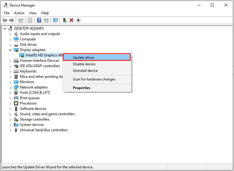 update the Intel graphics card driver in Device Manager