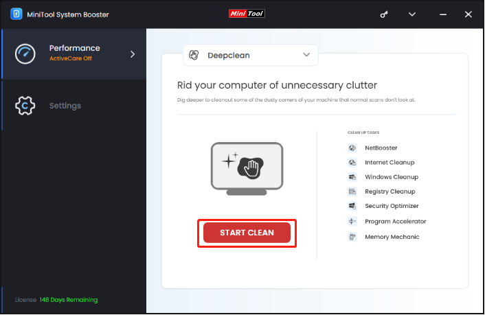 click START CALEAN to clean user’s PC via MiniTool System Booster