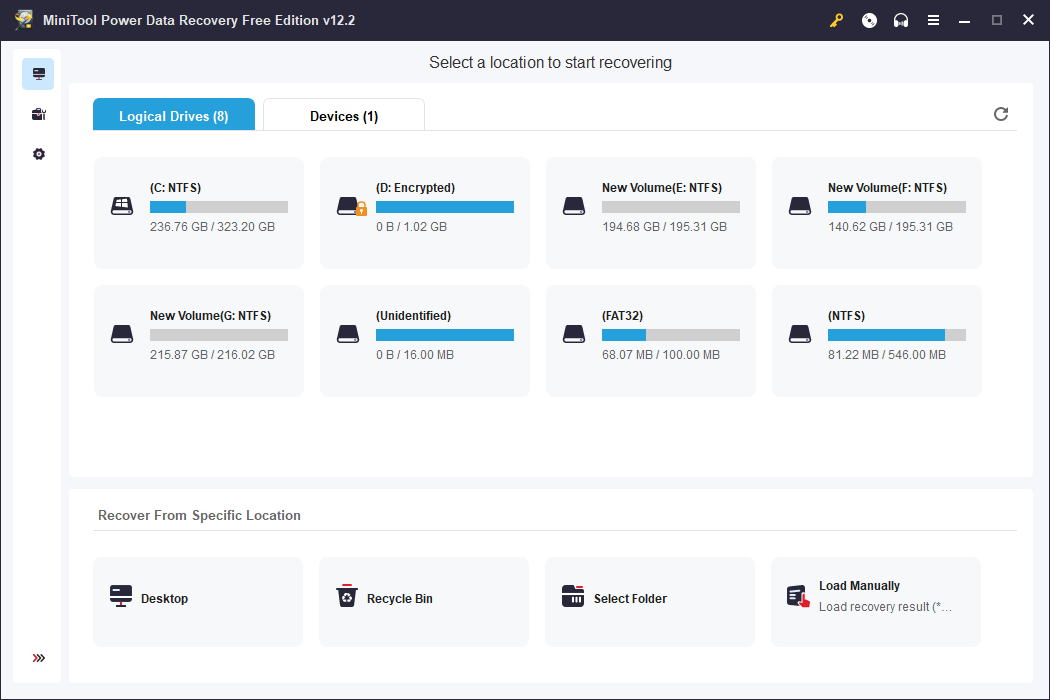 open MiniTool Power Data Recovery to enter its main interface