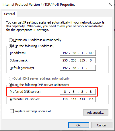 enter Preferred DNS server