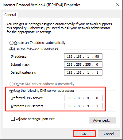 change the DNS server addresses