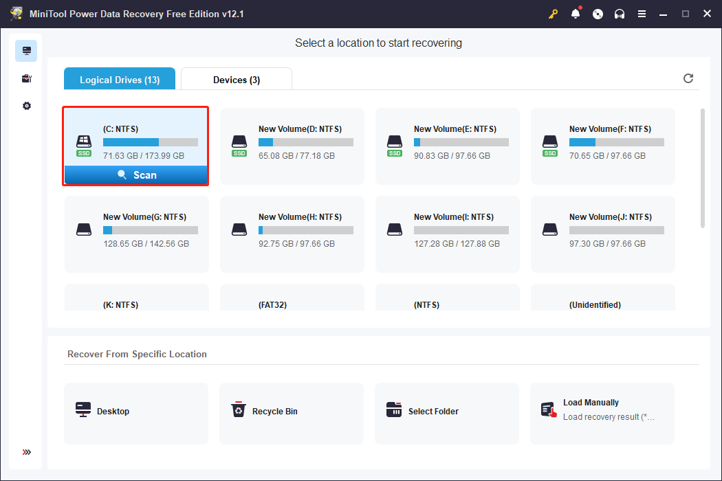 choose the C drive to scan under the Logical Drives in MiniTool Power Data Recovery