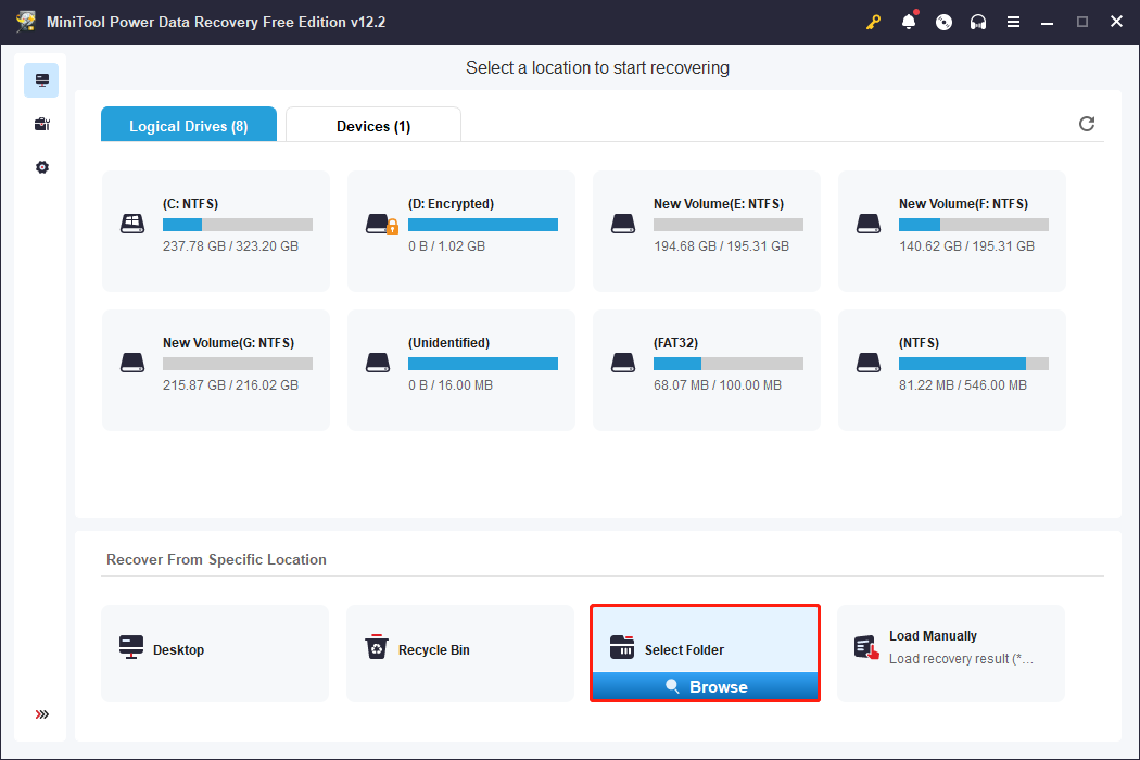 choose Select Folder to scan and click Browse via MiniTool Power Data Recovery