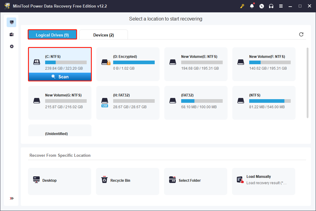 select the target partition to scan in MiniTool Power Data Recovery