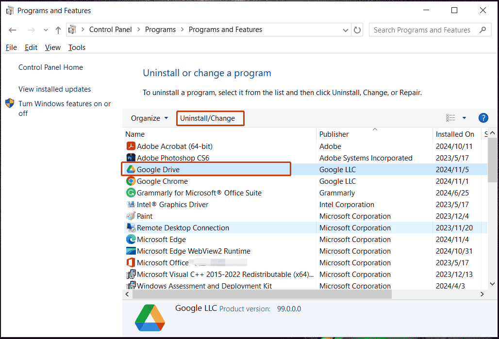 uninstall Google Drive Desktop via Control Panel