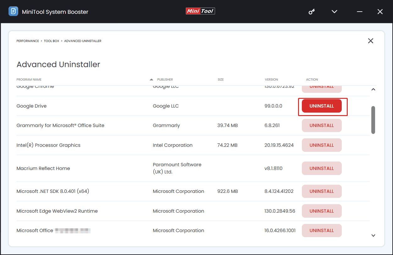 uninstall Google Drive with MiniTool System Booster