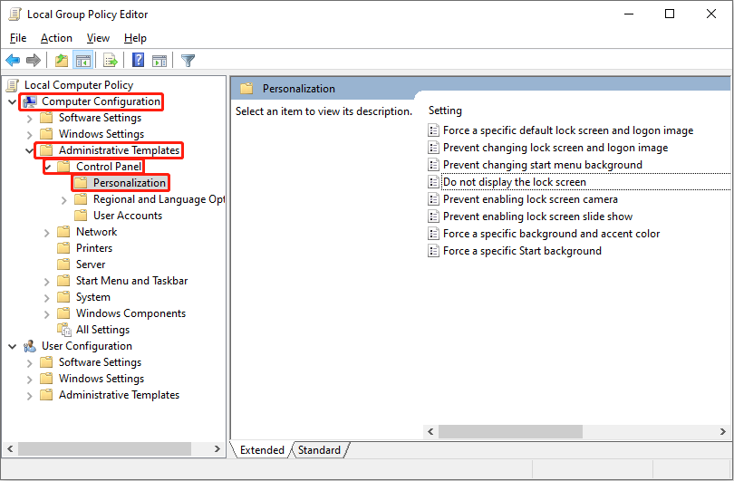 find the Personalization folder in Local Group Policy Editor