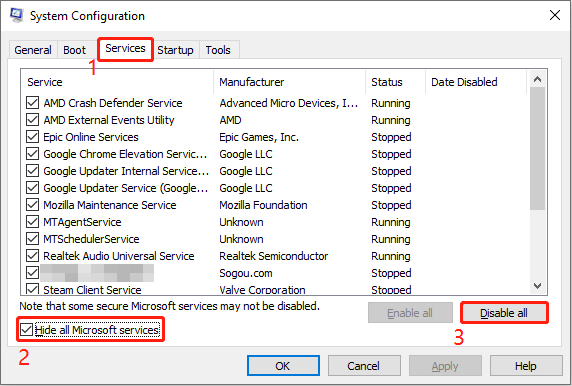 in the Services tab of System configuration, disable all Microsoft services