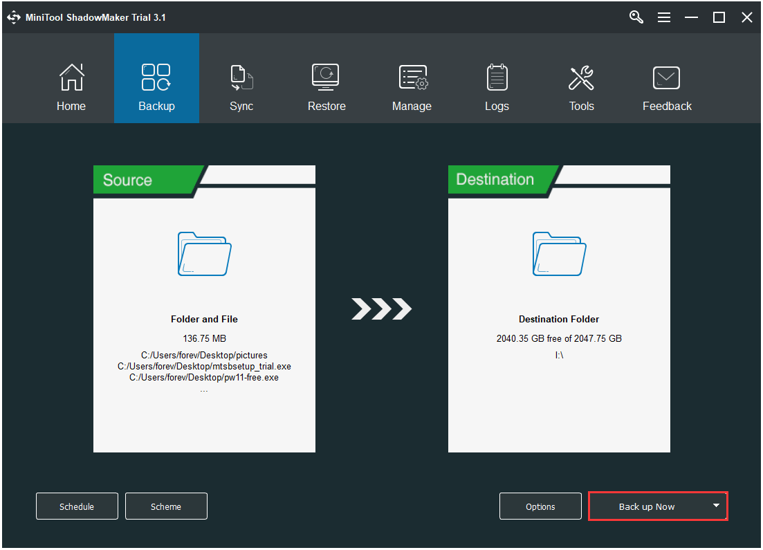 Haga clic en respaldar ahora para continuar