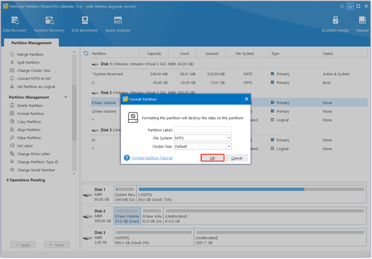 imposta l'etichetta della partizione, il file system e la dimensione del cluster e fai clic su OK