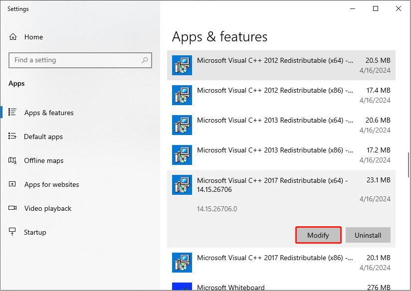 click Modify to repair Microsoft Visual C++ Redistributables