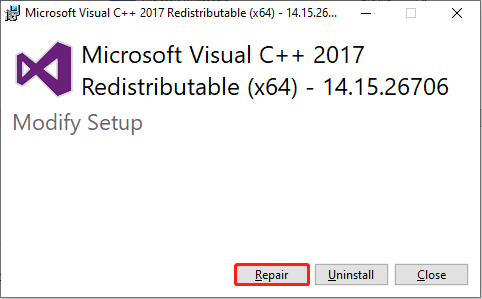 click the Repair button to repair Microsoft Visual C++ Redistributables