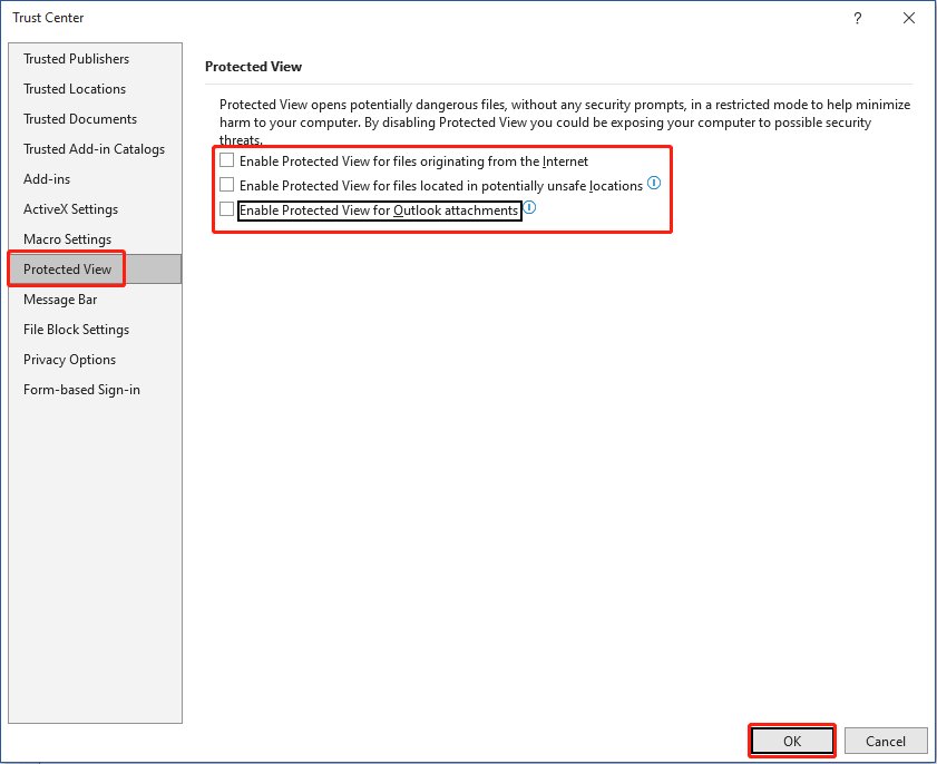 disable the protected view settings in Microsoft Office