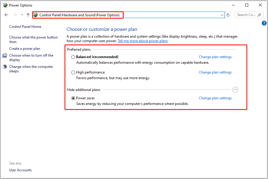 change the power plan in the Control Panel